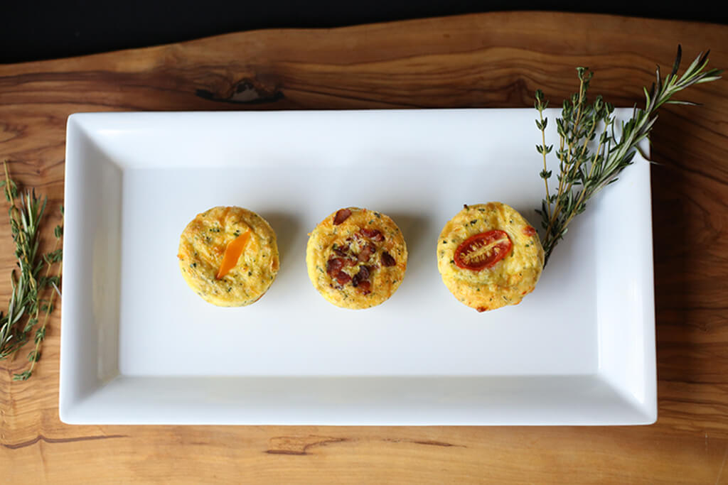 Assorted muffin sized egg bites-Bacon & Cheddar, Spinach, Tomato, Mozzarella and Garden Vegetable